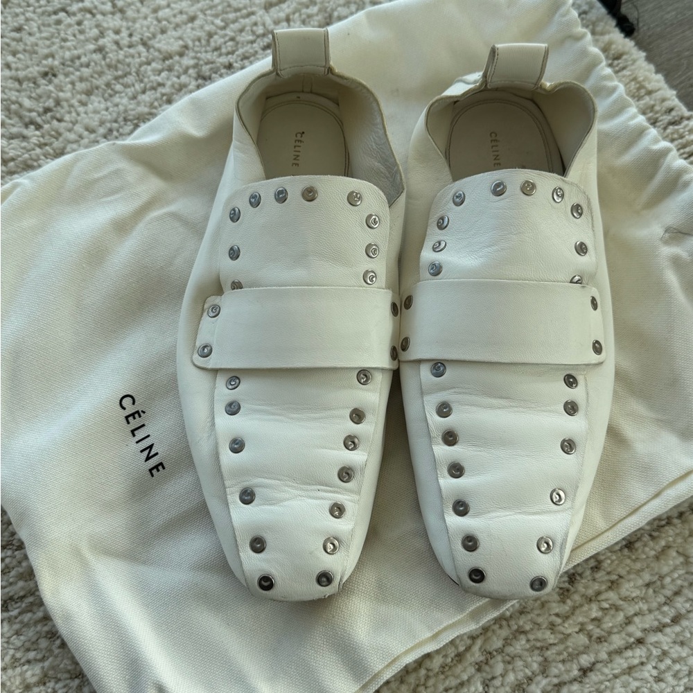 Céline White Studded Leather Loafers